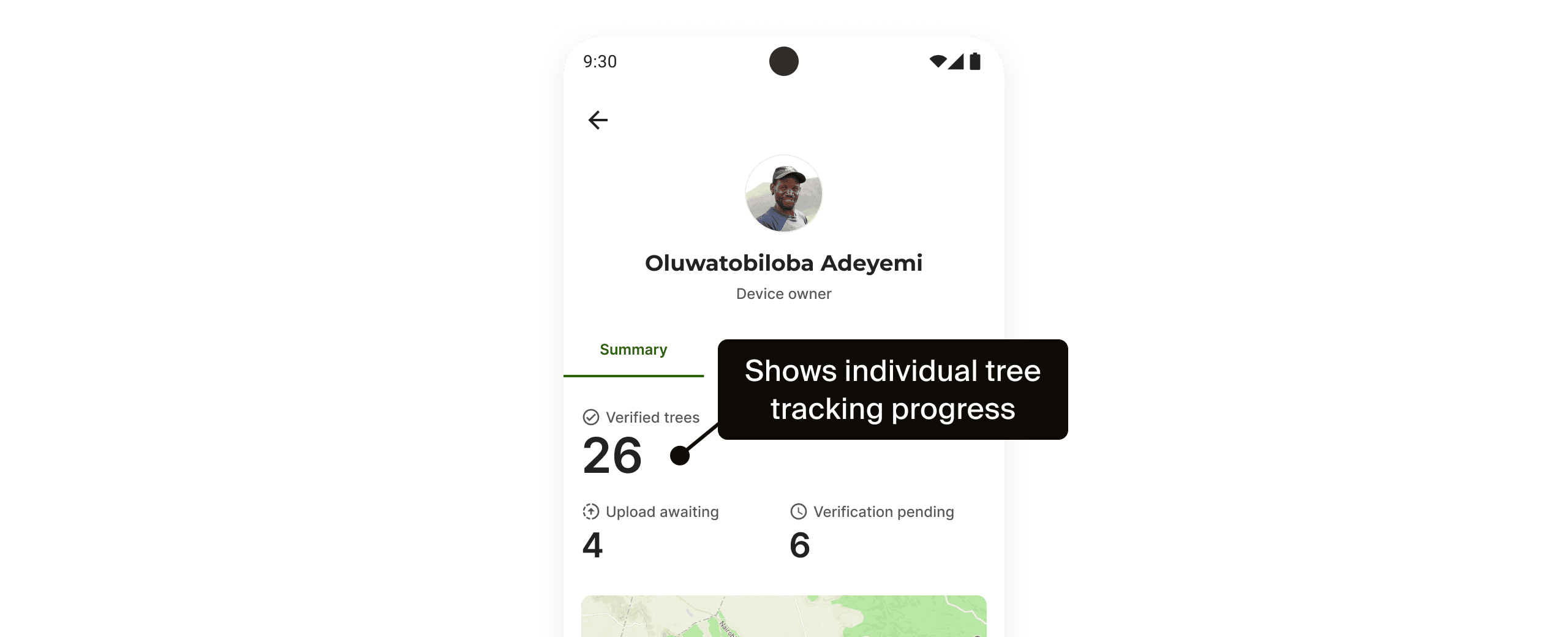 Treetracker screens showing active grower and individual contribution tracking