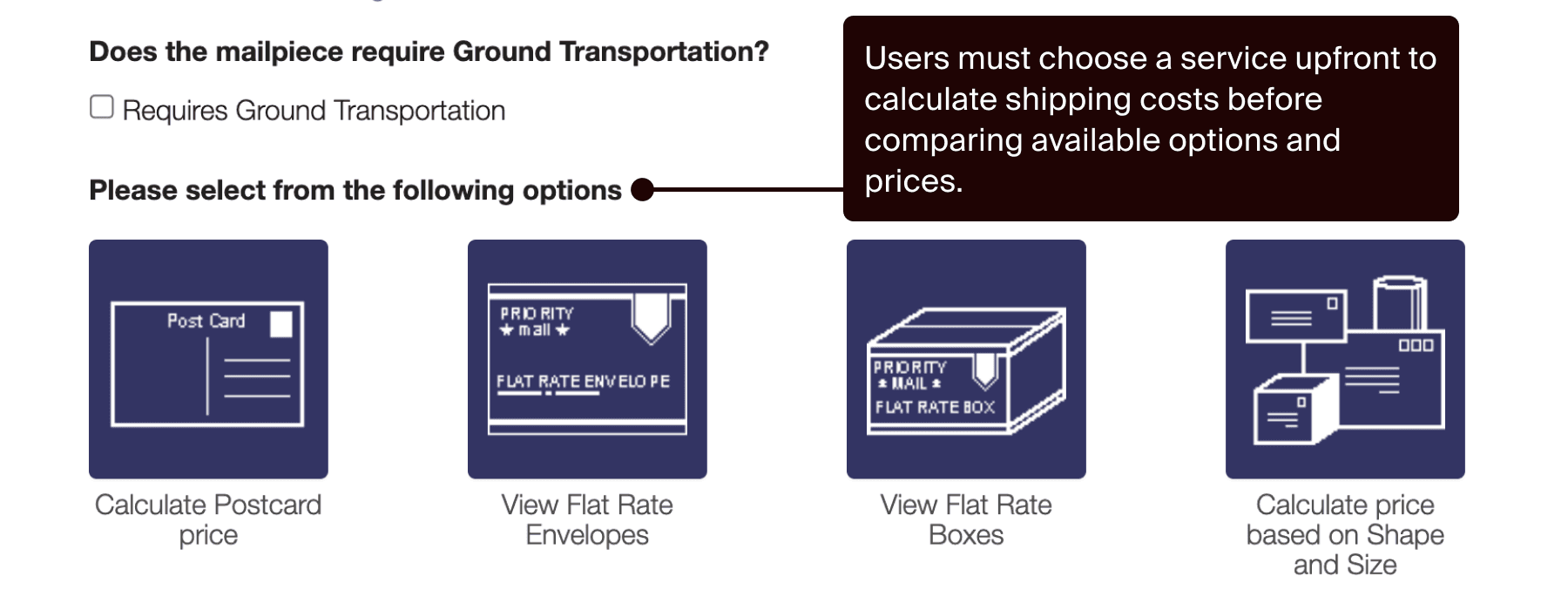 USPS service selection and package details interface