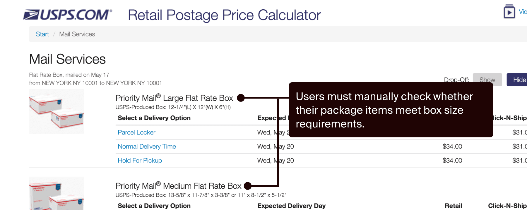 USPS cost estimation form using postal terminology